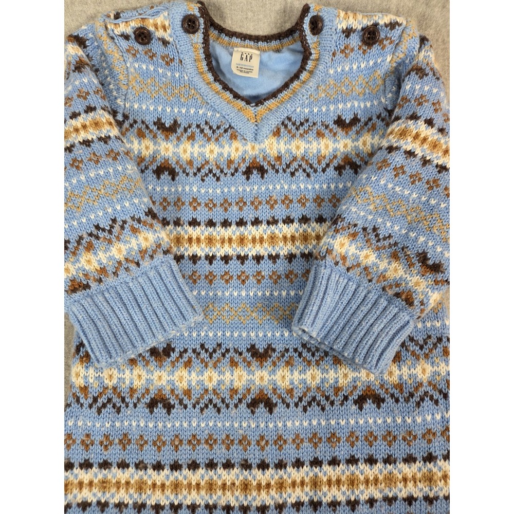 GAP BABY Fair Isle Nordic Knit Sweater Lined Romper 6-12 Mos Blue Multi 2008 Y2K